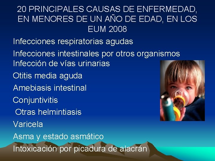 20 PRINCIPALES CAUSAS DE ENFERMEDAD, EN MENORES DE UN AÑO DE EDAD, EN LOS