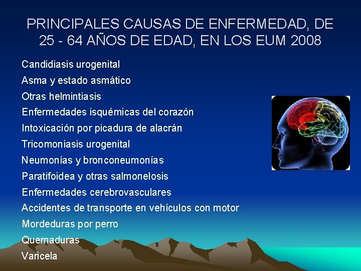 PRINCIPALES CAUSAS DE ENFERMEDAD, DE 25 - 64 AÑOS DE EDAD, EN LOS EUM