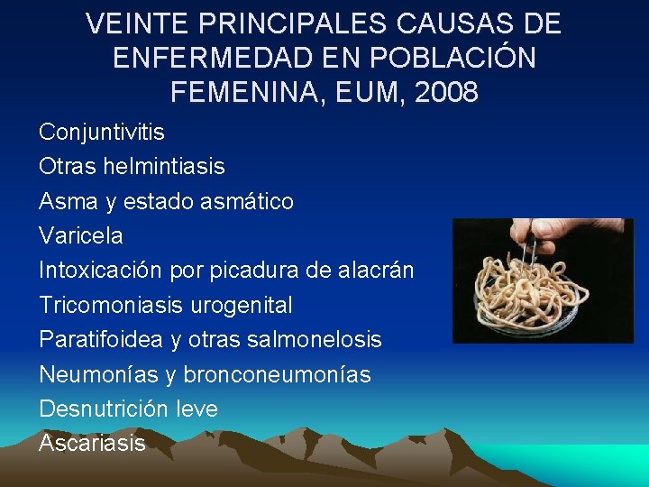 VEINTE PRINCIPALES CAUSAS DE ENFERMEDAD EN POBLACIÓN FEMENINA, EUM, 2008 Conjuntivitis Otras helmintiasis Asma