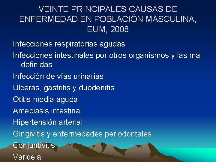 VEINTE PRINCIPALES CAUSAS DE ENFERMEDAD EN POBLACIÓN MASCULINA, EUM, 2008 Infecciones respiratorias agudas Infecciones