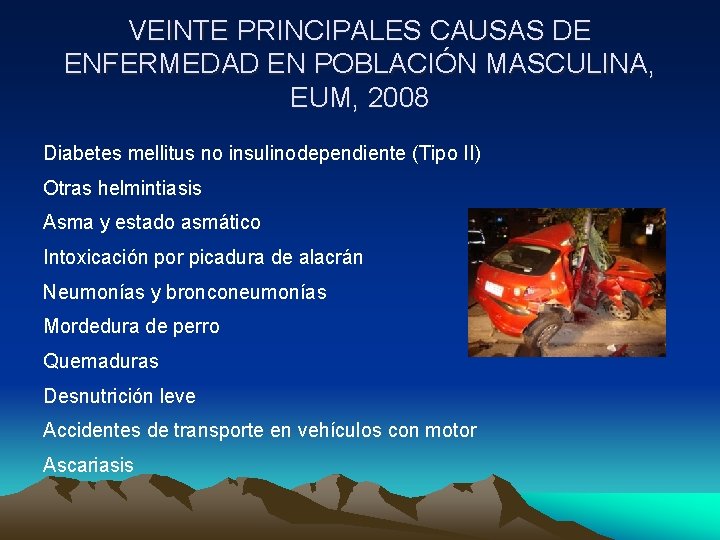 VEINTE PRINCIPALES CAUSAS DE ENFERMEDAD EN POBLACIÓN MASCULINA, EUM, 2008 Diabetes mellitus no insulinodependiente