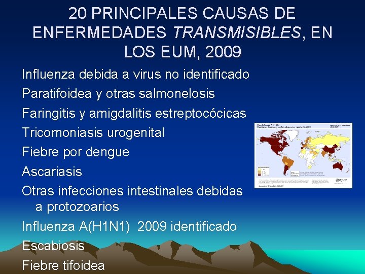 20 PRINCIPALES CAUSAS DE ENFERMEDADES TRANSMISIBLES, EN LOS EUM, 2009 Influenza debida a virus