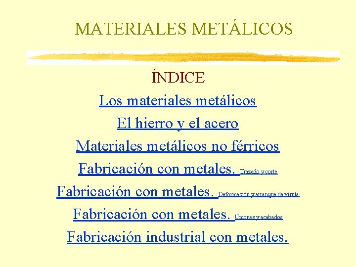 MATERIALES METÁLICOS ÍNDICE Los materiales metálicos El hierro y el acero Materiales metálicos no