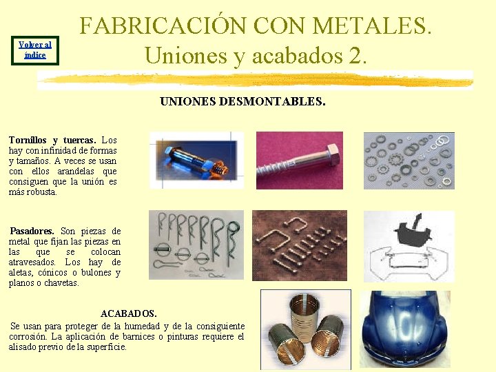 Volver al índice FABRICACIÓN CON METALES. Uniones y acabados 2. UNIONES DESMONTABLES. Tornillos y