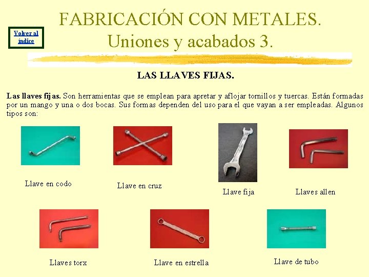 Volver al índice FABRICACIÓN CON METALES. Uniones y acabados 3. LAS LLAVES FIJAS. Las