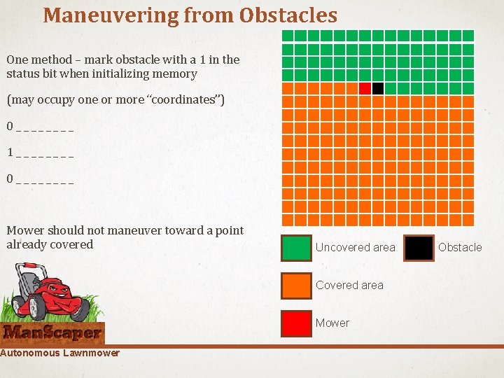 Maneuvering from Obstacles One method – mark obstacle with a 1 in the status Maneuvering from Obstacles One method – mark obstacle with a 1 in the status