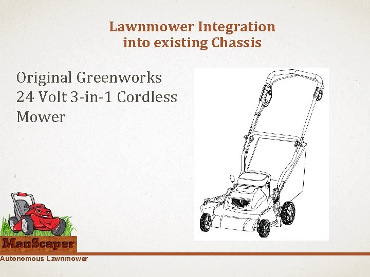 Lawnmower Integration into existing Chassis Original Greenworks 24 Volt 3 -in-1 Cordless Mower Autonomous