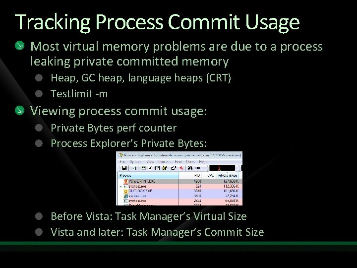 Tracking Process Commit Usage Most virtual memory problems are due to a process leaking
