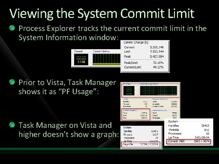 Viewing the System Commit Limit Process Explorer tracks the current commit limit in the