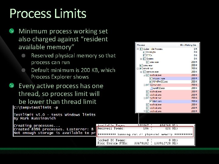 Process Limits Minimum process working set also charged against “resident available memory” Reserved physical