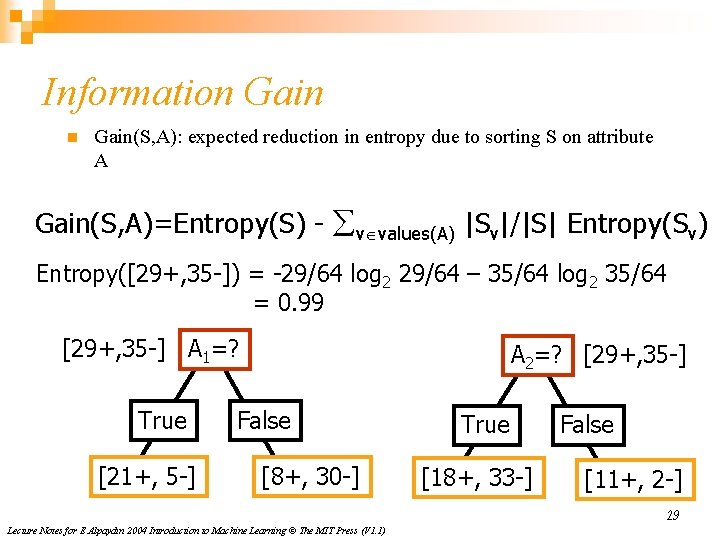 Information Gain(S, A): expected reduction in entropy due to sorting S on attribute A
