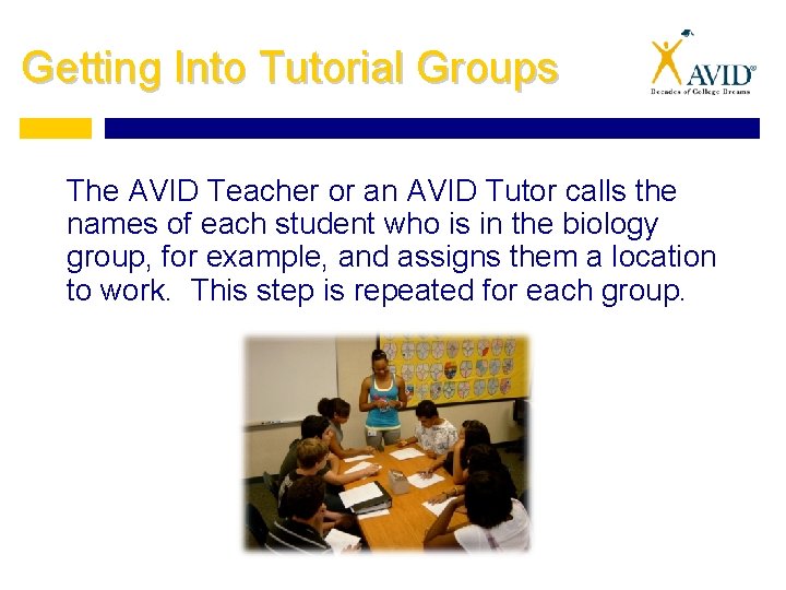 Getting Into Tutorial Groups The AVID Teacher or an AVID Tutor calls the names