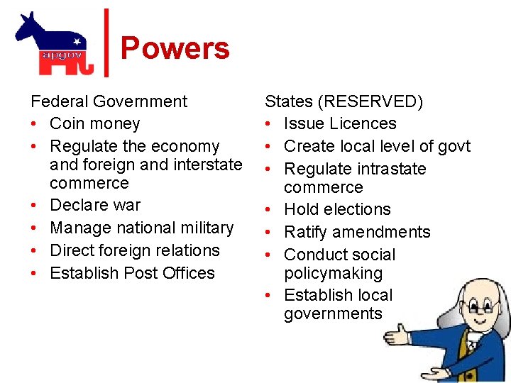 Powers Federal Government • Coin money • Regulate the economy and foreign and interstate