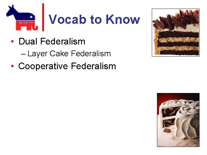 Vocab to Know • Dual Federalism – Layer Cake Federalism • Cooperative Federalism 