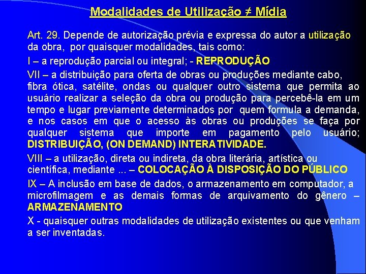 Modalidades de Utilização ≠ Mídia Art. 29. Depende de autorização prévia e expressa do