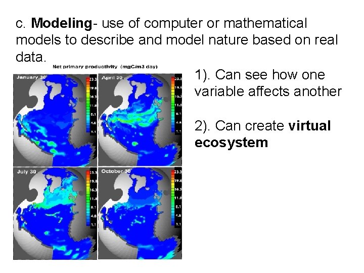 c. Modeling- use of computer or mathematical models to describe and model nature based