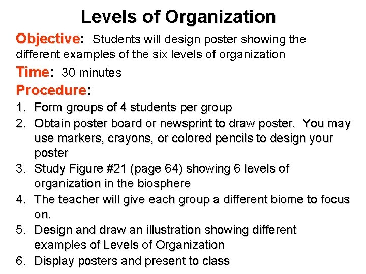 Levels of Organization Objective: Objective Students will design poster showing the different examples of