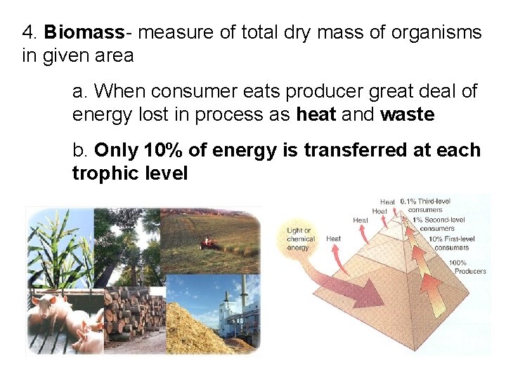 4. Biomass- measure of total dry mass of organisms in given area a. When