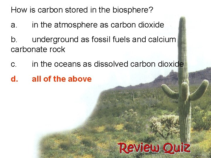 How is carbon stored in the biosphere? a. in the atmosphere as carbon dioxide