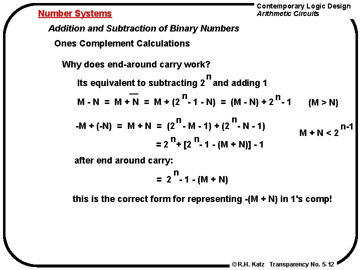 Contemporary Logic Design Arithmetic Circuits Number Systems Addition and Subtraction of Binary Numbers Ones