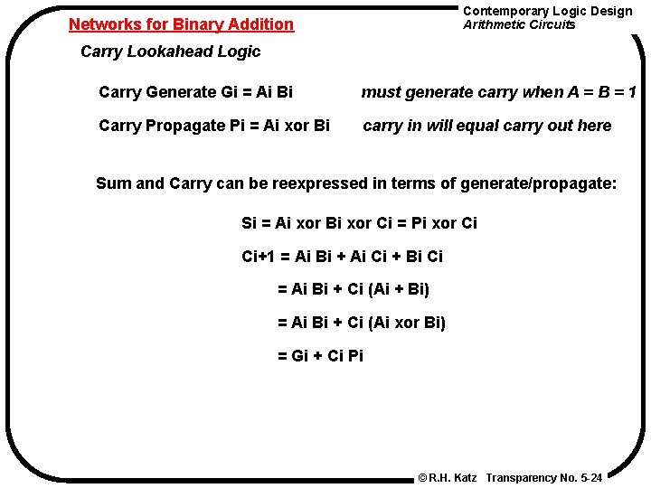 Contemporary Logic Design Arithmetic Circuits Networks for Binary Addition Carry Lookahead Logic Carry Generate