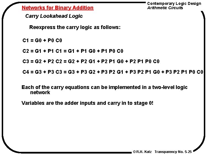 Networks for Binary Addition Contemporary Logic Design Arithmetic Circuits Carry Lookahead Logic Reexpress the