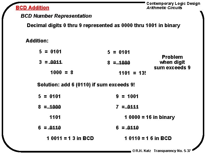 Contemporary Logic Design Arithmetic Circuits BCD Addition BCD Number Representation Decimal digits 0 thru