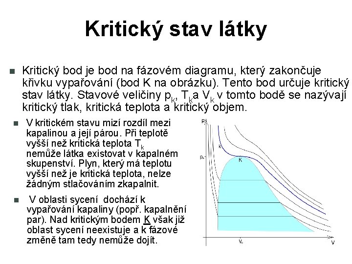 Kritický stav látky Kritický bod je bod na fázovém diagramu, který zakončuje křivku vypařování