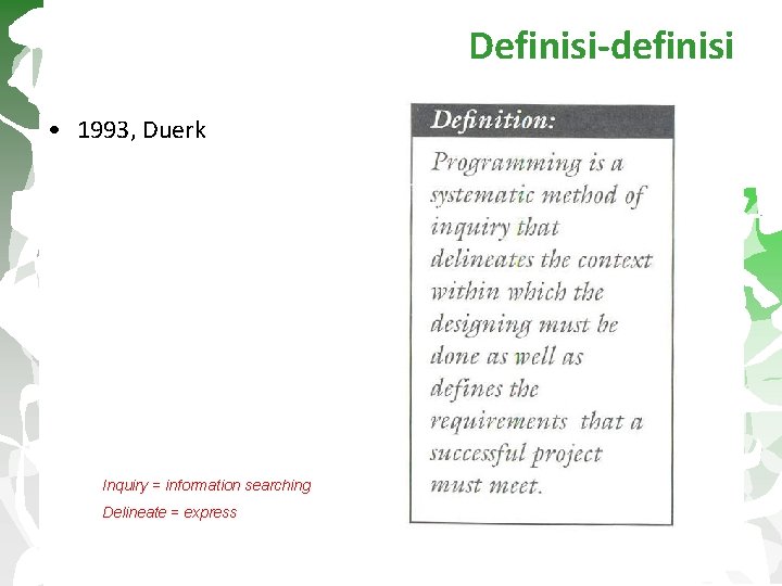 Definisi-definisi • 1993, Duerk Inquiry = information searching Delineate = express 