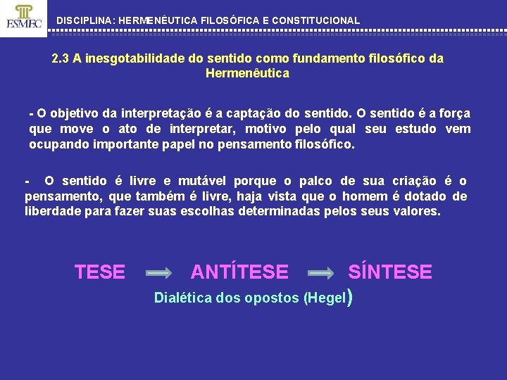 DISCIPLINA: HERMENÊUTICA FILOSÓFICA E CONSTITUCIONAL 2. 3 A inesgotabilidade do sentido como fundamento filosófico