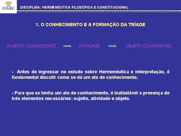 DISCIPLINA: HERMENÊUTICA FILOSÓFICA E CONSTITUCIONAL 1. O CONHECIMENTO E A FORMAÇÃO DA TRÍADE SUJEITO