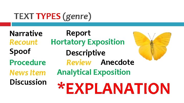 TEXT TYPES (genre) Report Narrative Hortatory Exposition Recount Spoof Descriptive Procedure Review Anecdote News TEXT TYPES (genre) Report Narrative Hortatory Exposition Recount Spoof Descriptive Procedure Review Anecdote News
