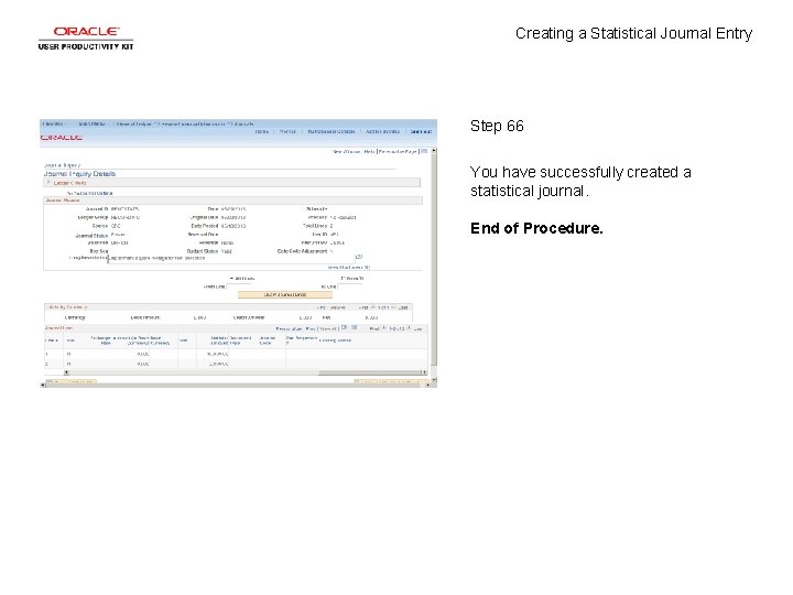 Creating a Statistical Journal Entry Step 66 You have successfully created a statistical journal.