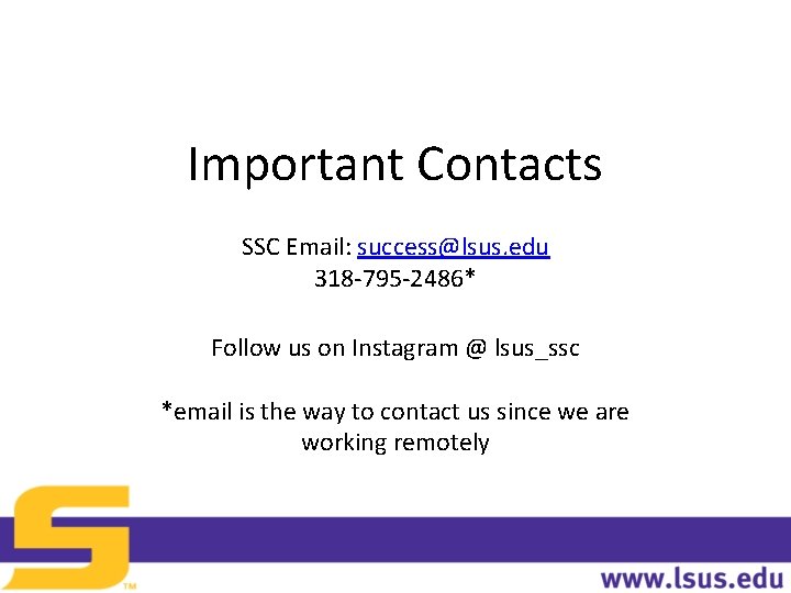Important Contacts SSC Email: success@lsus. edu 318 -795 -2486* Follow us on Instagram @ Important Contacts SSC Email: success@lsus. edu 318 -795 -2486* Follow us on Instagram @