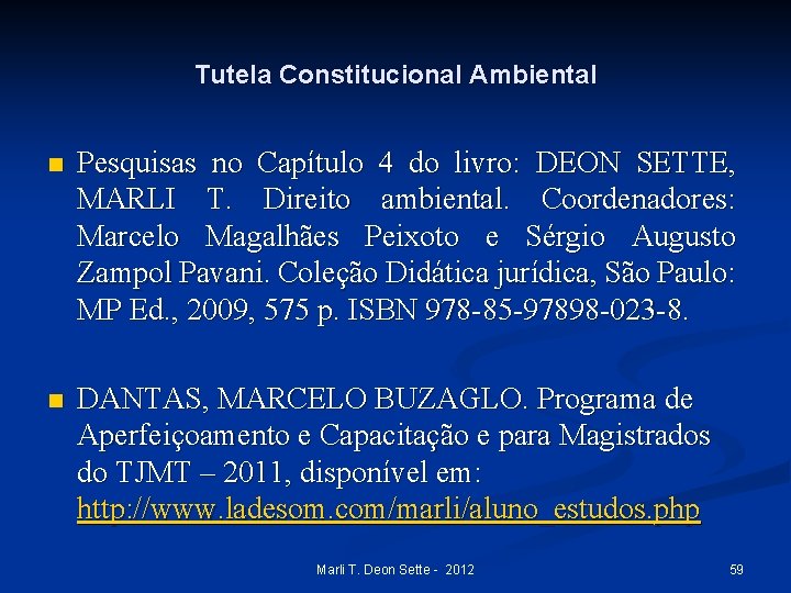 Tutela Constitucional Ambiental n Pesquisas no Capítulo 4 do livro: DEON SETTE, MARLI T.