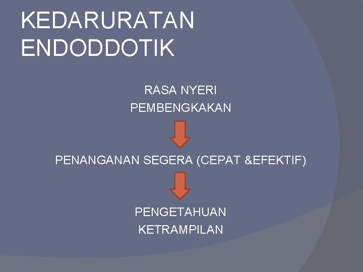 KEDARURATAN ENDODDOTIK RASA NYERI PEMBENGKAKAN PENANGANAN SEGERA (CEPAT &EFEKTIF) PENGETAHUAN KETRAMPILAN 