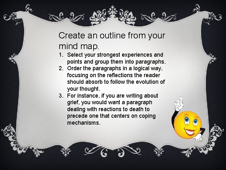 Create an outline from your mind map. 1. Select your strongest experiences and points