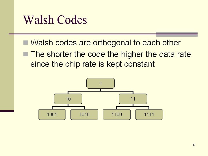 Walsh Codes n Walsh codes are orthogonal to each other n The shorter the