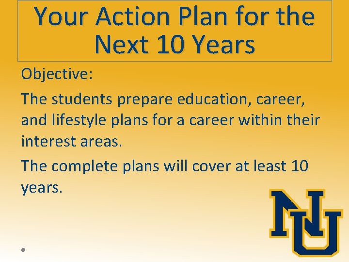 Your Action Plan for the Next 10 Years Objective: The students prepare education, career,
