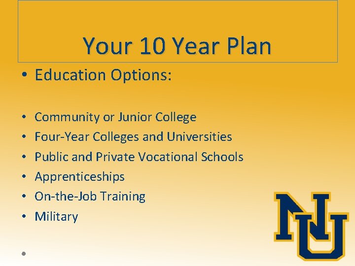 Your 10 Year Plan • Education Options: • • • Community or Junior College