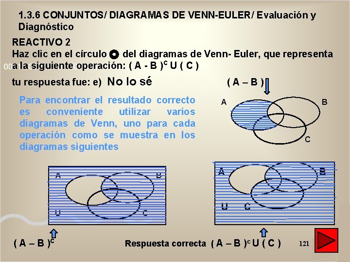 1. 3. 6 CONJUNTOS/ DIAGRAMAS DE VENN-EULER/ Evaluación y Diagnóstico REACTIVO 2 Haz clic 1. 3. 6 CONJUNTOS/ DIAGRAMAS DE VENN-EULER/ Evaluación y Diagnóstico REACTIVO 2 Haz clic