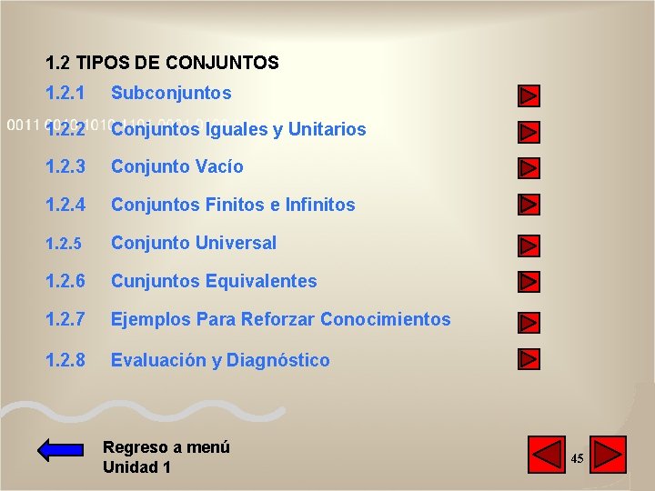 1. 2 TIPOS DE CONJUNTOS 1. 2. 1 Subconjuntos 1. 2. 2 Conjuntos Iguales 1. 2 TIPOS DE CONJUNTOS 1. 2. 1 Subconjuntos 1. 2. 2 Conjuntos Iguales