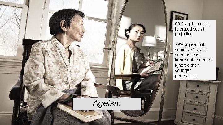 50% ageism most tolerated social prejudice 79% agree that seniors 75 > are seen