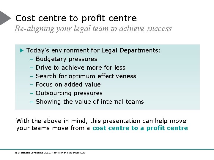 Cost centre to profit centre Re-aligning your legal team to achieve success Today’s environment