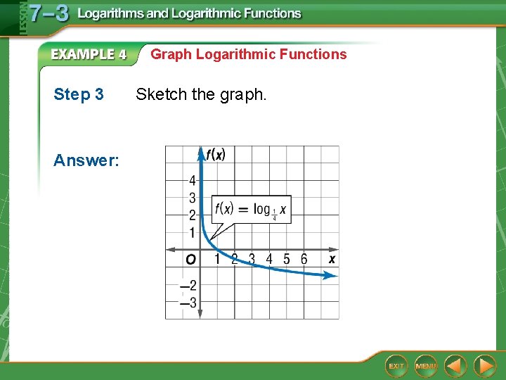 Graph Logarithmic Functions Step 3 Answer: Sketch the graph. 