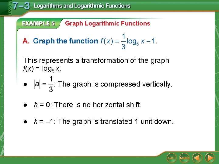 Graph Logarithmic Functions This represents a transformation of the graph f(x) = log 6