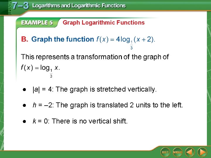 Graph Logarithmic Functions ● |a| = 4: The graph is stretched vertically. ● h