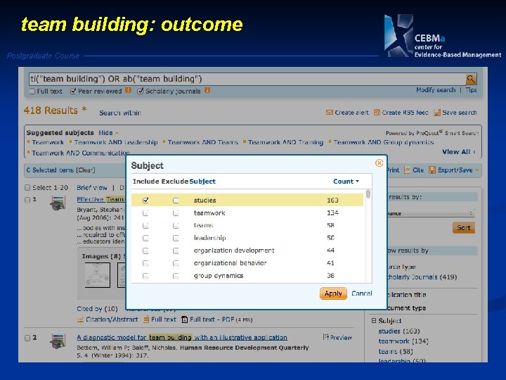 team building: outcome Postgraduate Course 