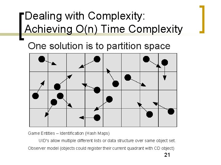 Dealing with Complexity: Achieving O(n) Time Complexity One solution is to partition space Game