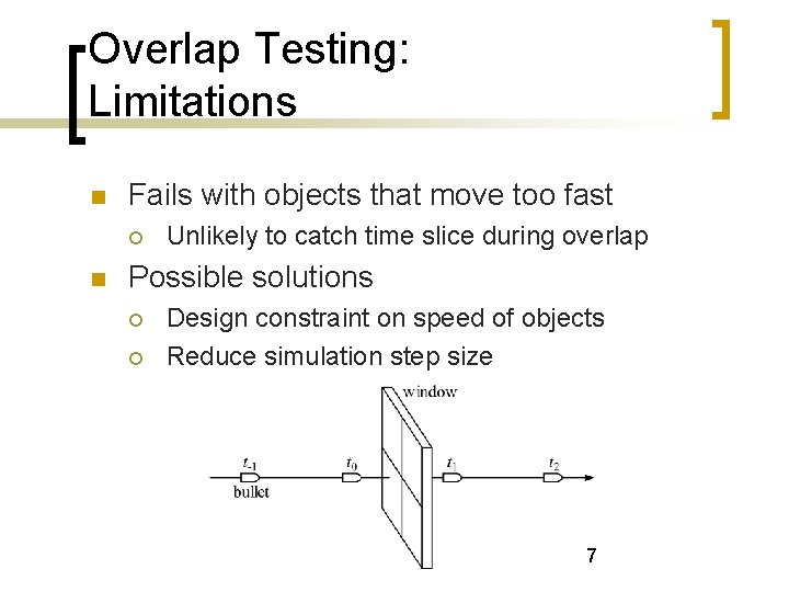 Overlap Testing: Limitations Fails with objects that move too fast Unlikely to catch time